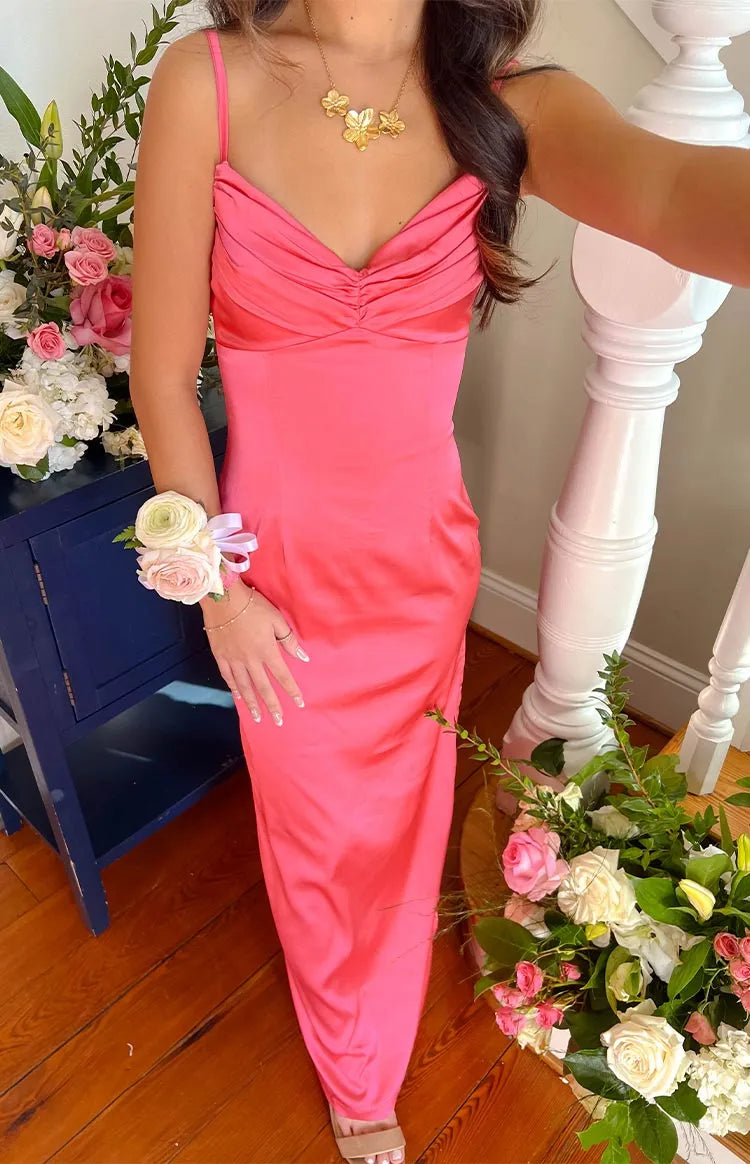Coral Pink Prom Dress Spaghetti Straps Ruched Plunging V Neck Fit for a Show Stopping Appeal