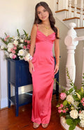 Coral Pink Prom Dress Spaghetti Straps Ruched Plunging V Neck Fit for a Show Stopping Appeal