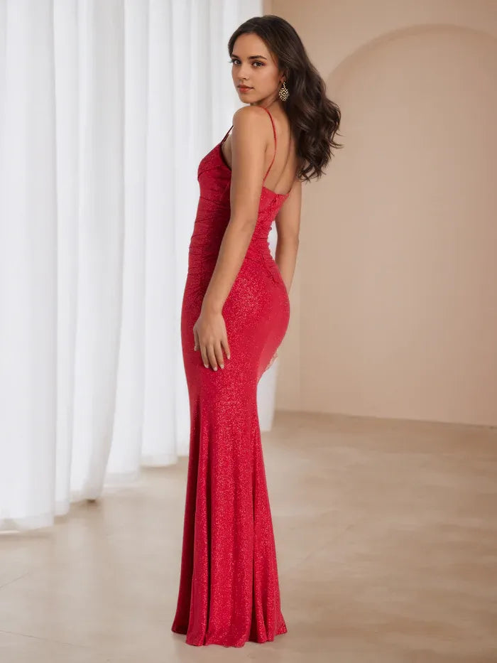 Crimson Glitter Prom Dress Cowl Neckline Cut - Out Detail Sculpted Fit to Elevate Gala Style