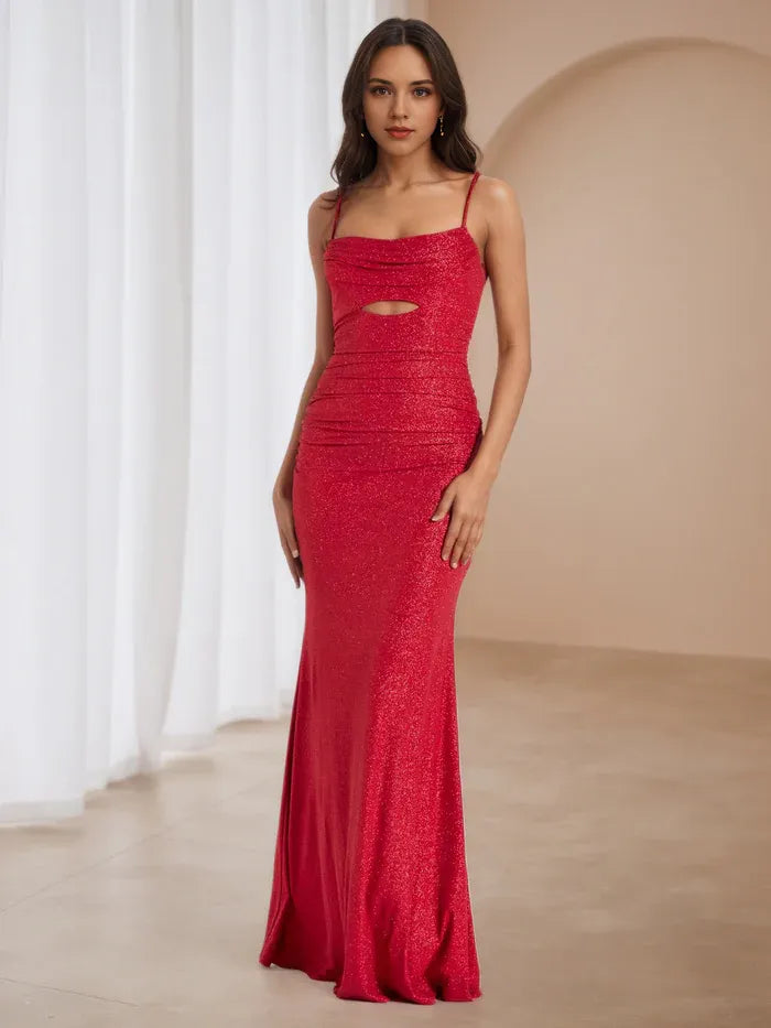 Crimson Glitter Prom Dress Cowl Neckline Cut - Out Detail Sculpted Fit to Elevate Gala Style