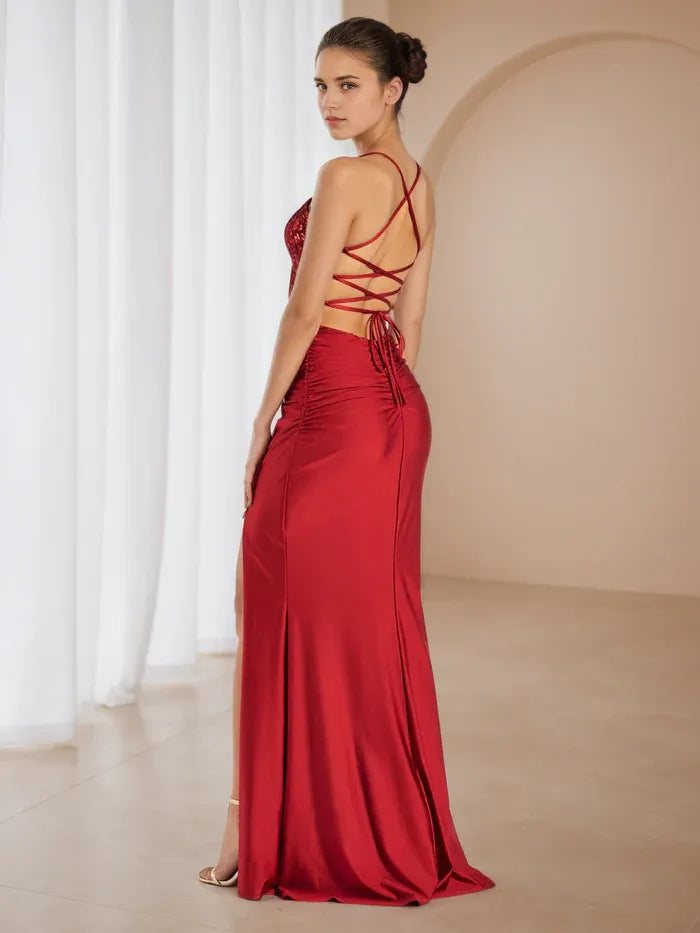 Crimson Prom Dress Plunging V - Neck Bodice Sculpted Silhouette to Elevate Gala Style
