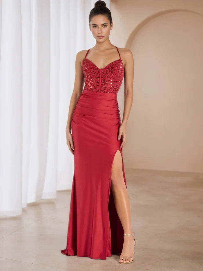 Crimson Prom Dress Plunging V - Neck Bodice Sculpted Silhouette to Elevate Gala Style