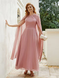 Dusty Rose A-Line High Neck Cape-Sleeve Back Zip Floor-Length Mother of the Bride Dress
