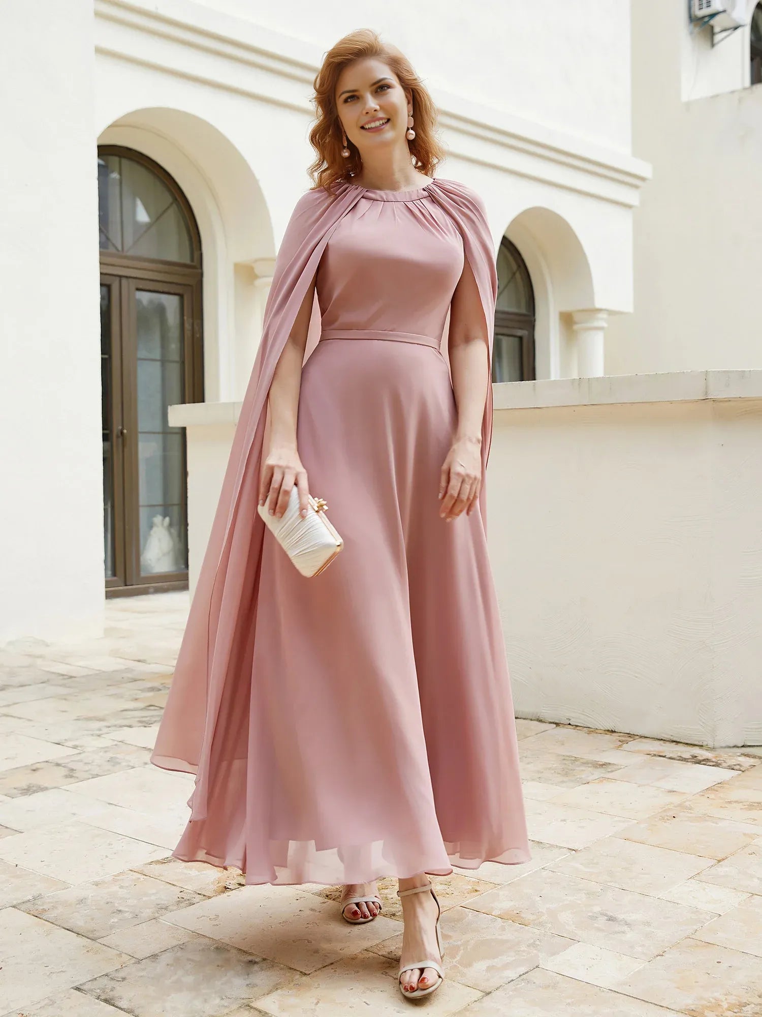 Dusty Rose A-Line High Neck Cape-Sleeve Back Zip Floor-Length Mother of the Bride Dress