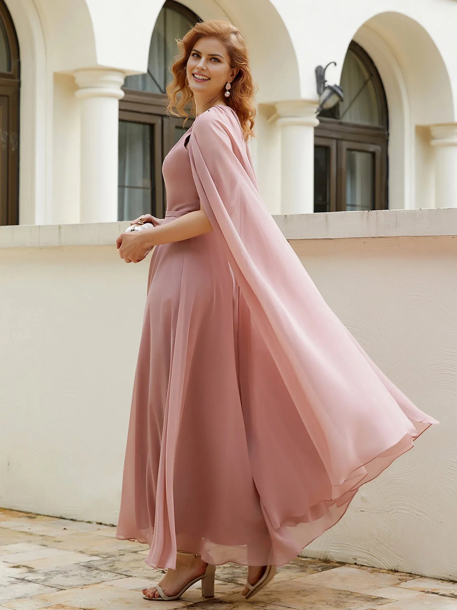 Dusty Rose A-Line High Neck Cape-Sleeve Back Zip Floor-Length Mother of the Bride Dress