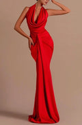 Red Mermaid Halter Ruched Evening Dress