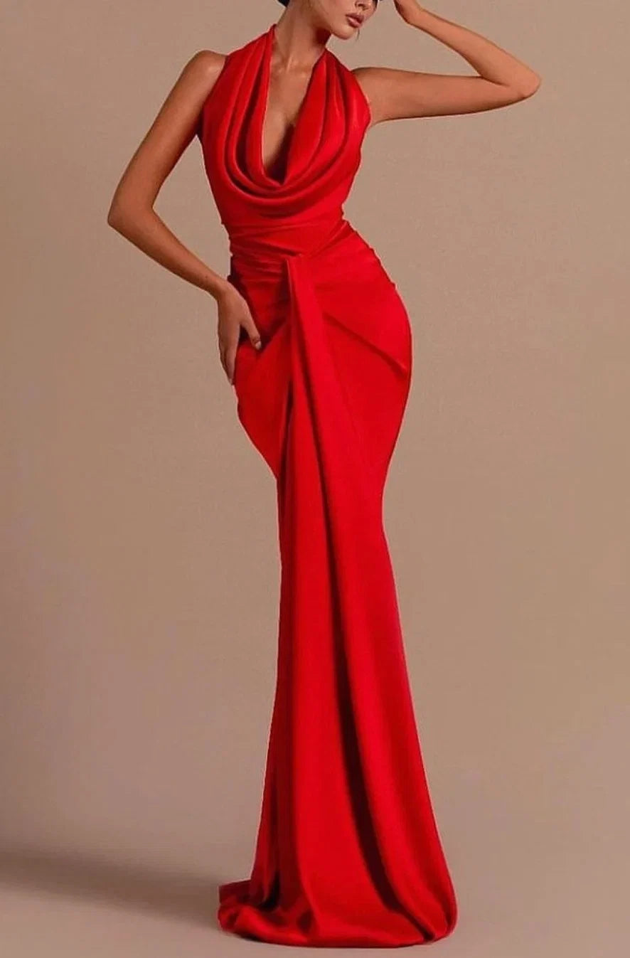 Red Mermaid Halter Ruched Evening Dress