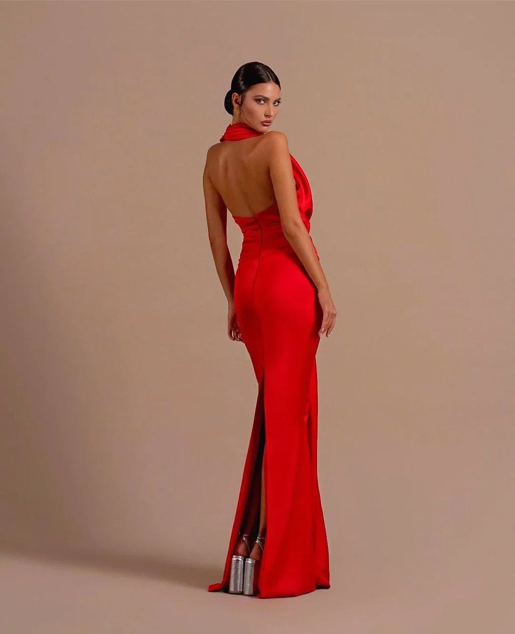 Red Mermaid Halter Ruched Evening Dress