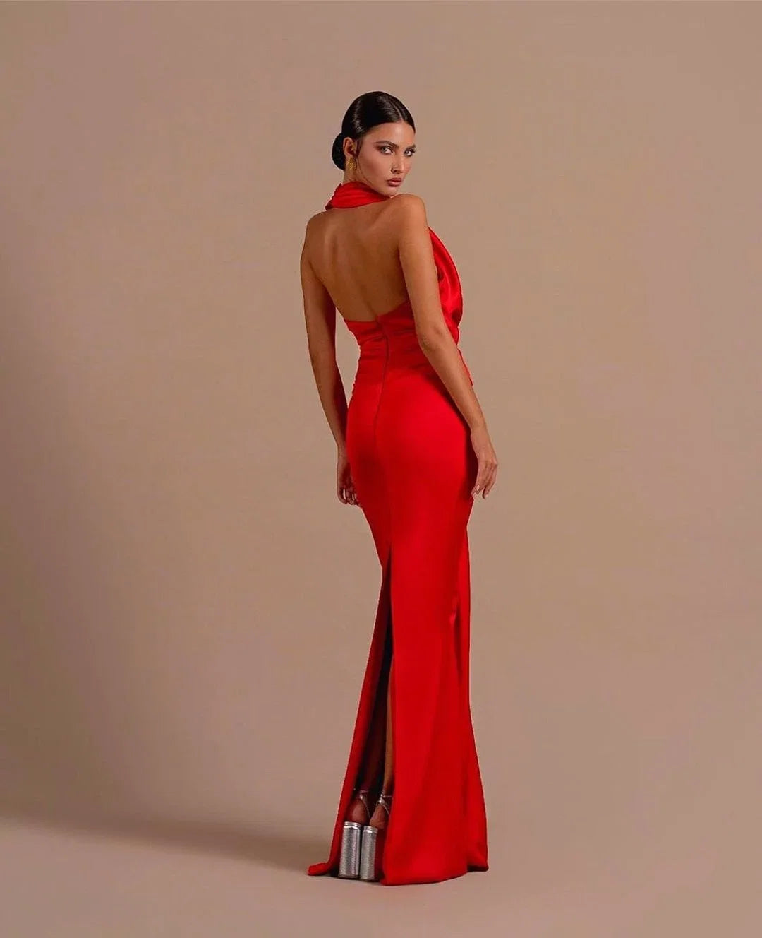 Red Mermaid Halter Ruched Evening Dress