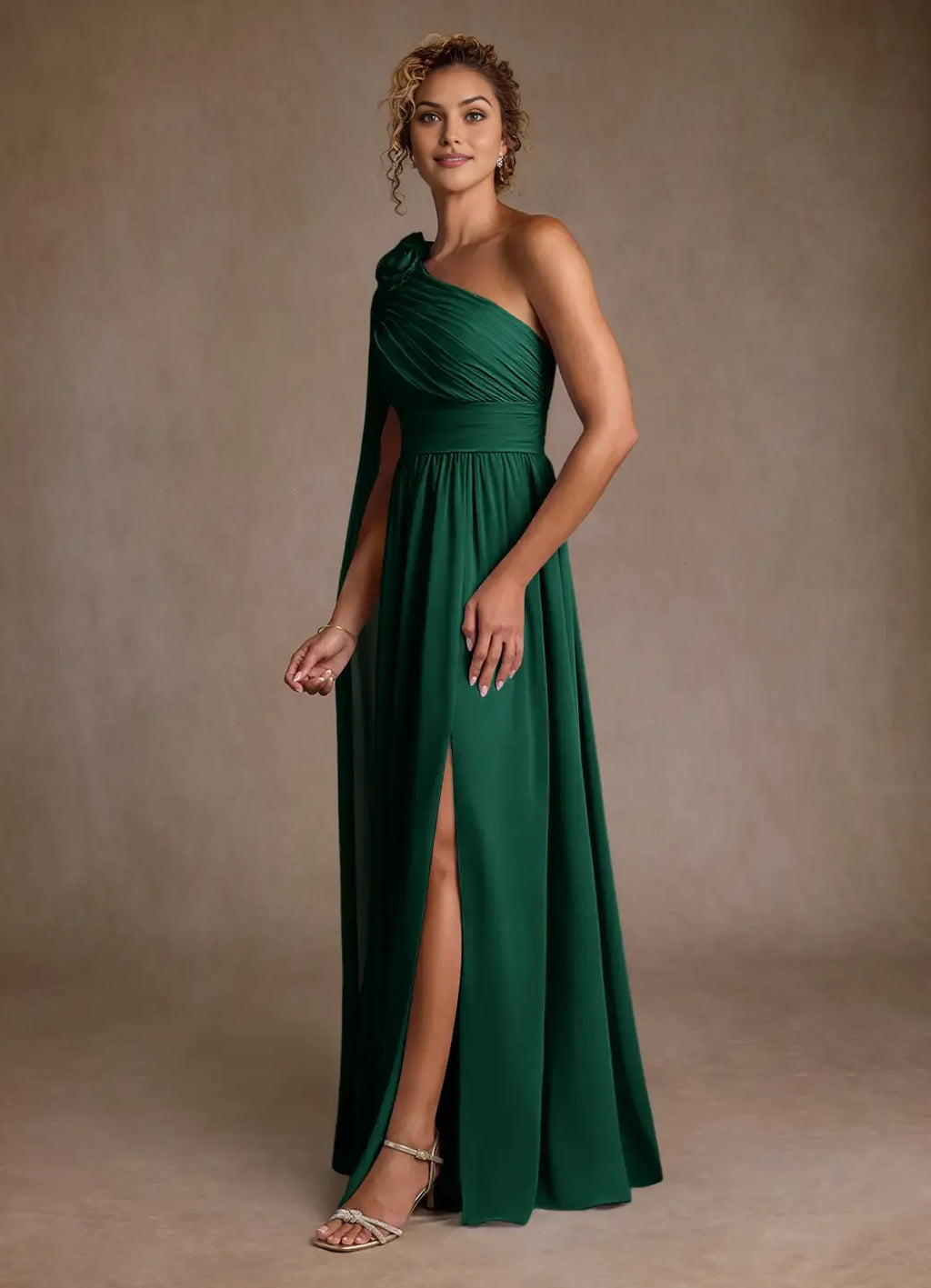 Emerald A-Line One-Shoulder Cape-Sleeve Floral-Embellished Side Zip High-Slit Floor-Length Mother of the Bride Dress
