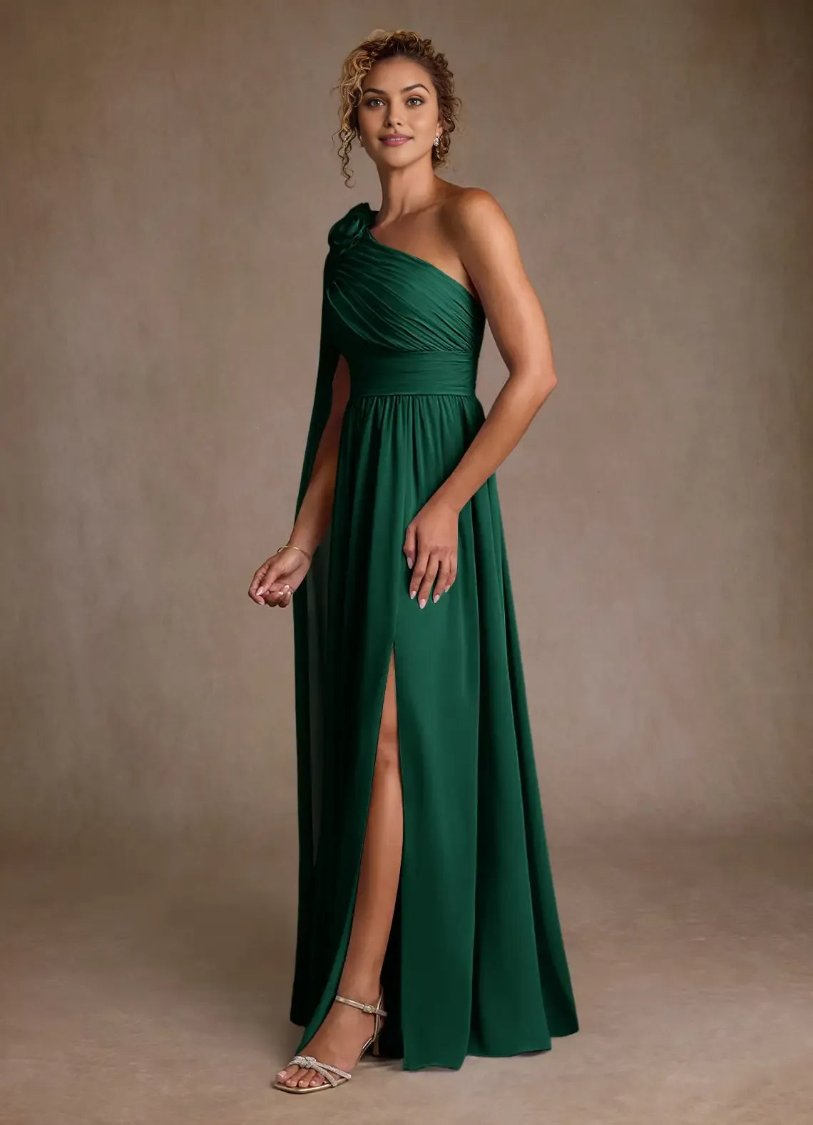 Emerald A-Line One-Shoulder Cape-Sleeve Floral-Embellished Side Zip High-Slit Floor-Length Mother of the Bride Dress