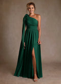 Emerald A-Line One-Shoulder Cape-Sleeve Floral-Embellished Side Zip High-Slit Floor-Length Mother of the Bride Dress