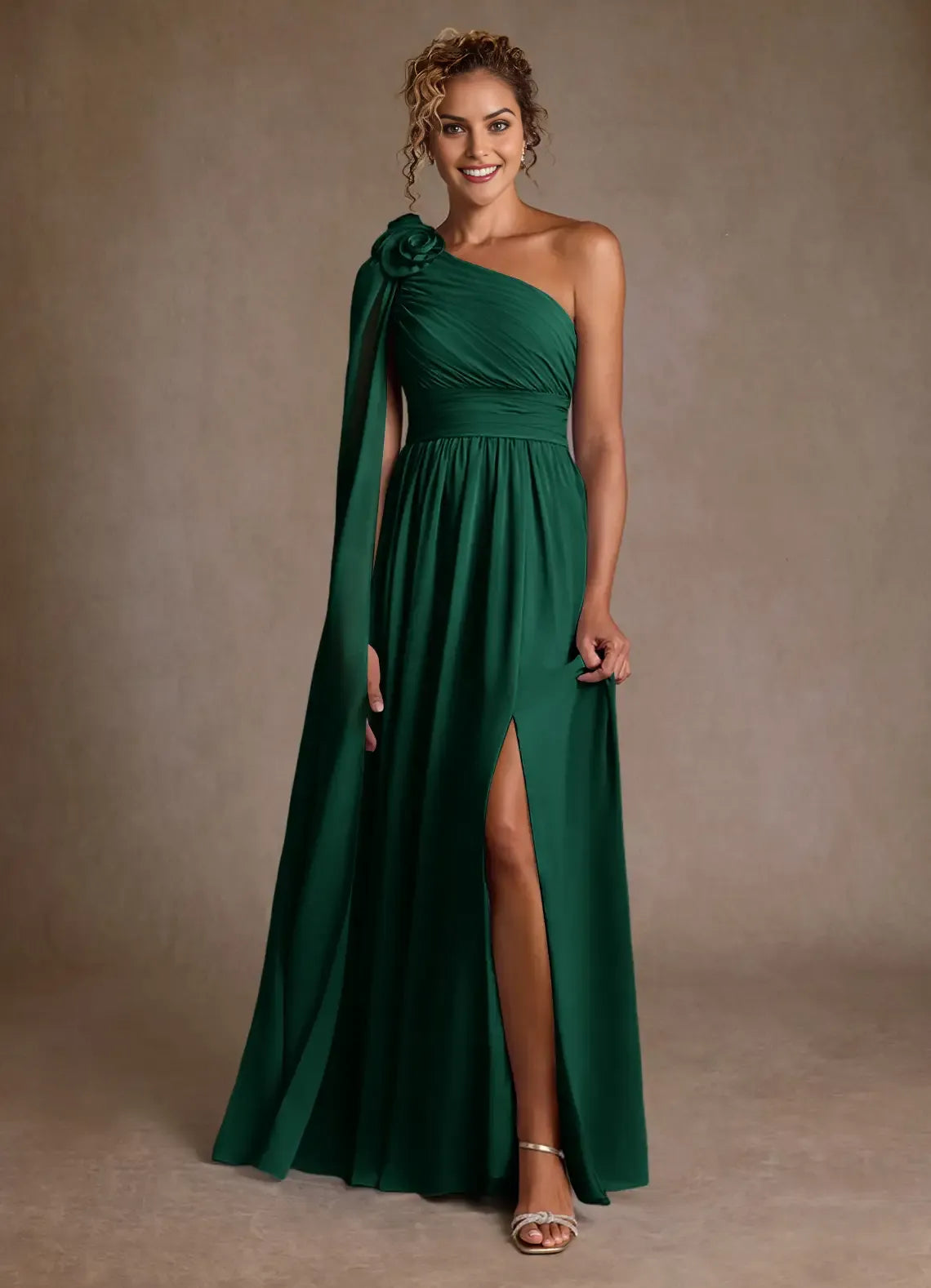 Emerald A-Line One-Shoulder Cape-Sleeve Floral-Embellished Side Zip High-Slit Floor-Length Mother of the Bride Dress