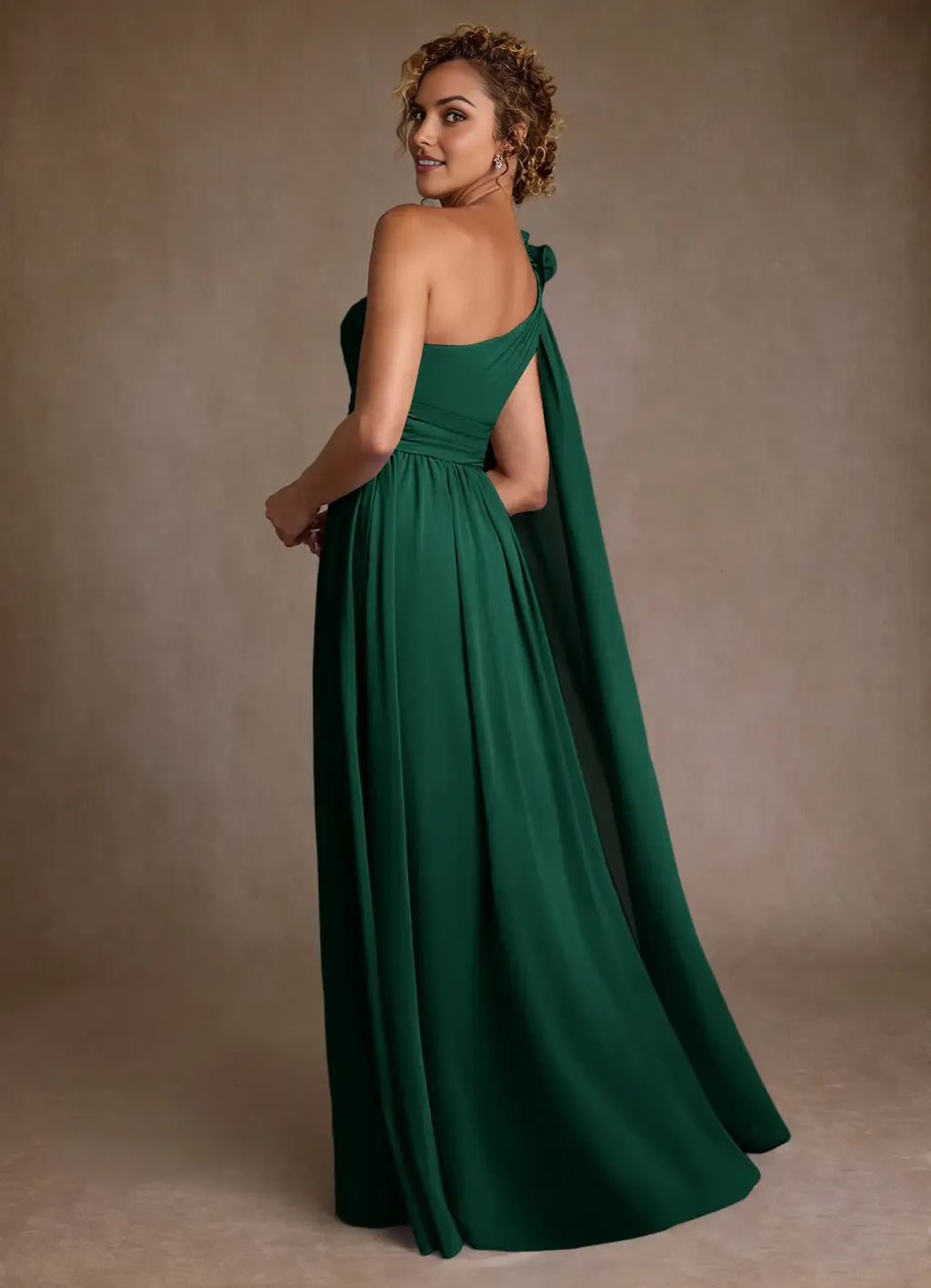 Emerald A-Line One-Shoulder Cape-Sleeve Floral-Embellished Side Zip High-Slit Floor-Length Mother of the Bride Dress