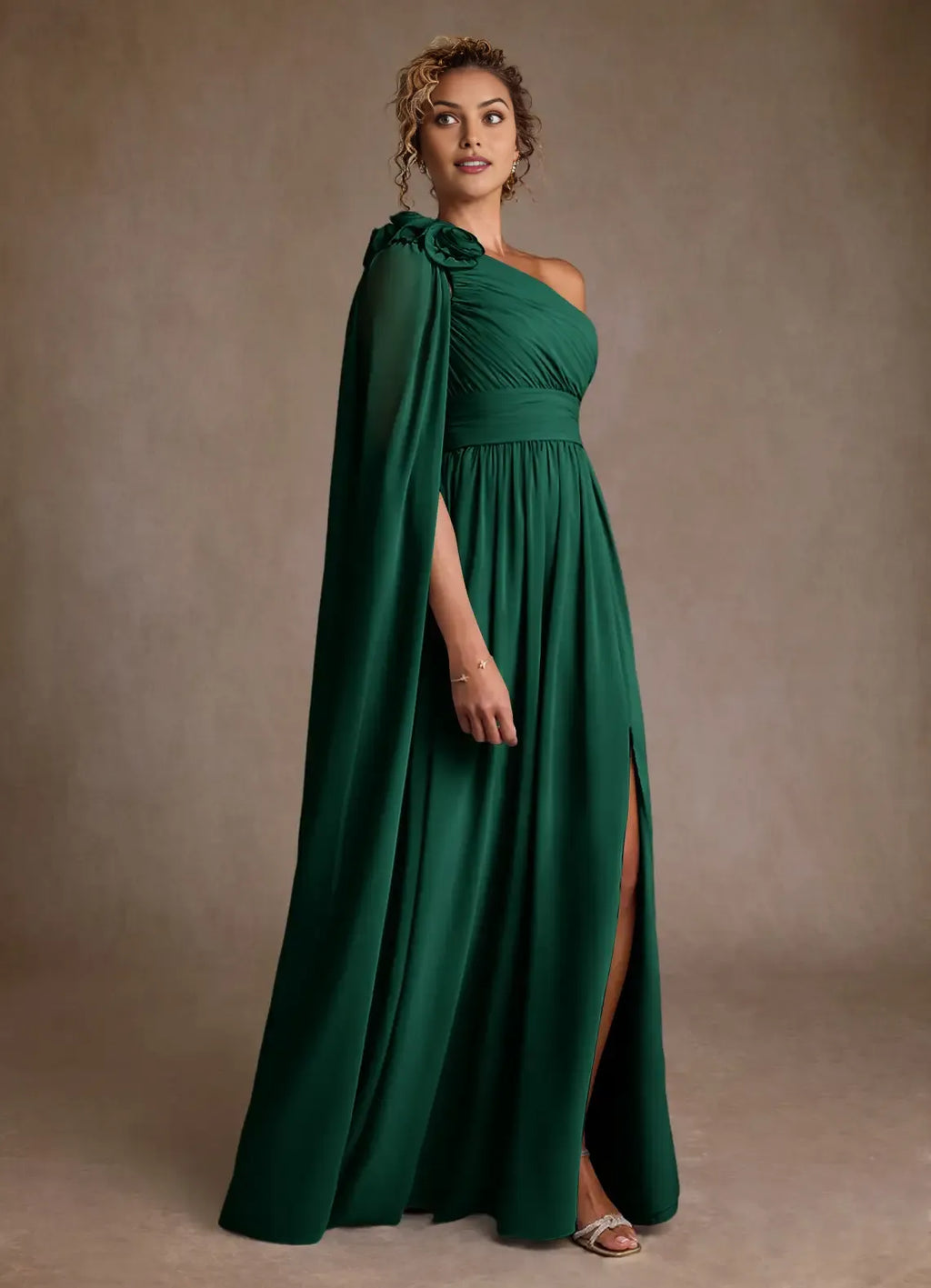 Emerald A-Line One-Shoulder Cape-Sleeve Floral-Embellished Side Zip High-Slit Floor-Length Mother of the Bride Dress