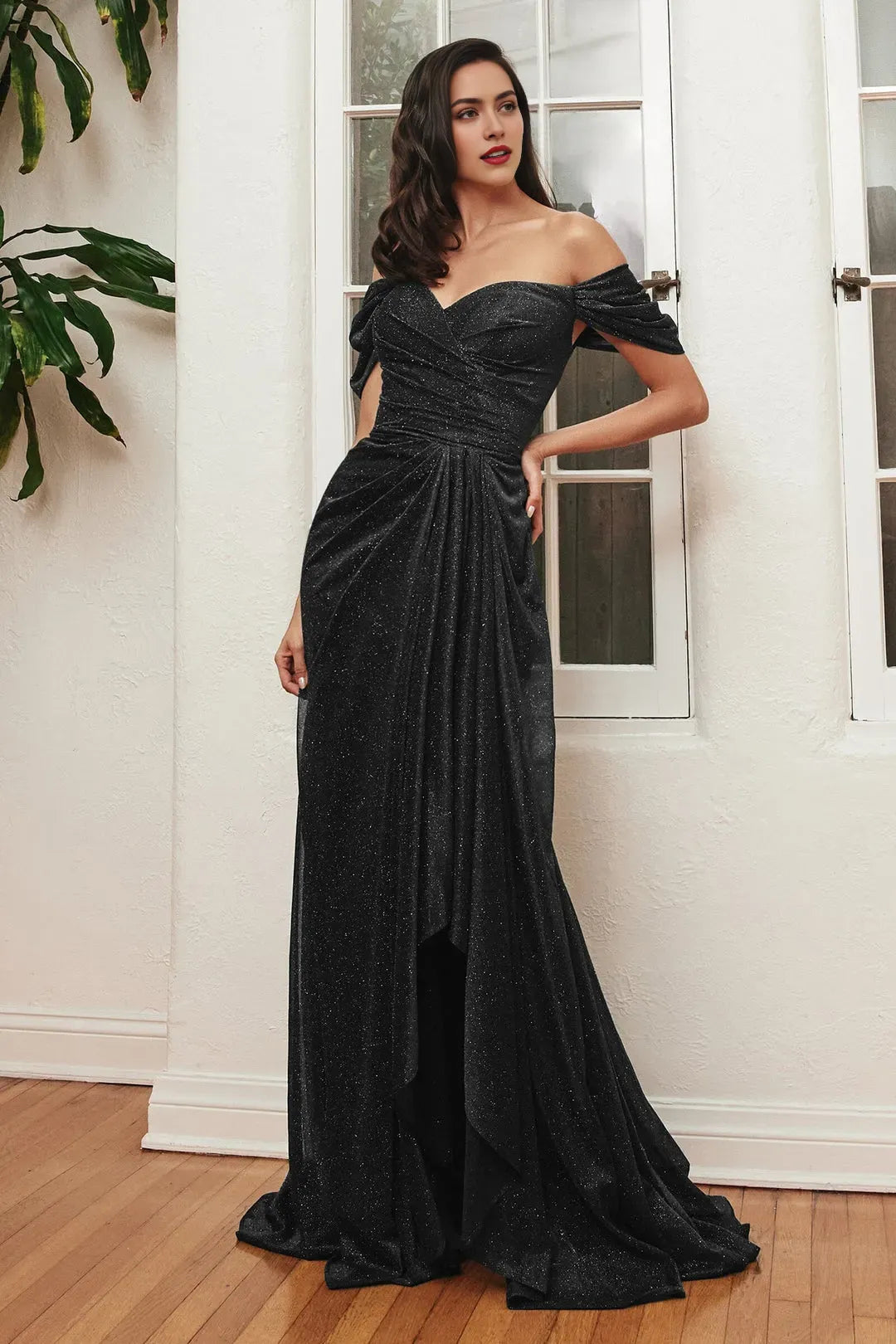 Green Emerald Off - Shoulder Prom Dress with Glitter Fabric Draped Bodice and Ruffled Skirt Details