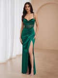 Green Emerald Dress Cowl Neck Sheer Corset Detail High Slit for Prom