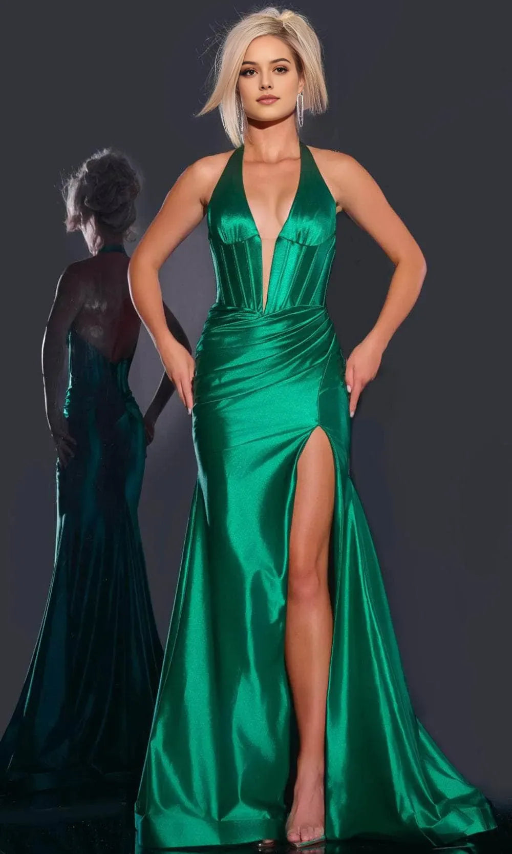 Green Emerald Halter Neck Prom Dresses with Corset Bodice Draped Skirt and High Side Slit for Formal Occasions