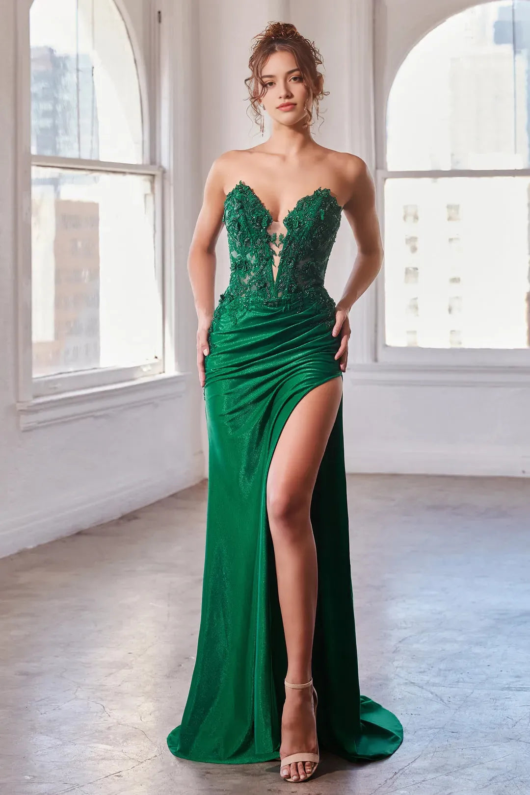 Green Emerald Prom Dress with - Bodice and High Slit