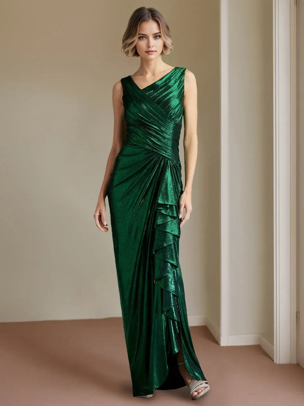 Green Emerald Sheath/Column Asymmetric Neck Sleeveless Ruffles Back Zip Floor-Length Prom Dresses with Side Slit