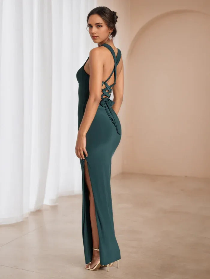 Green Emerald Square - Neck Prom Dress Bodycon Fit Side Slit to Elevate Gala Style