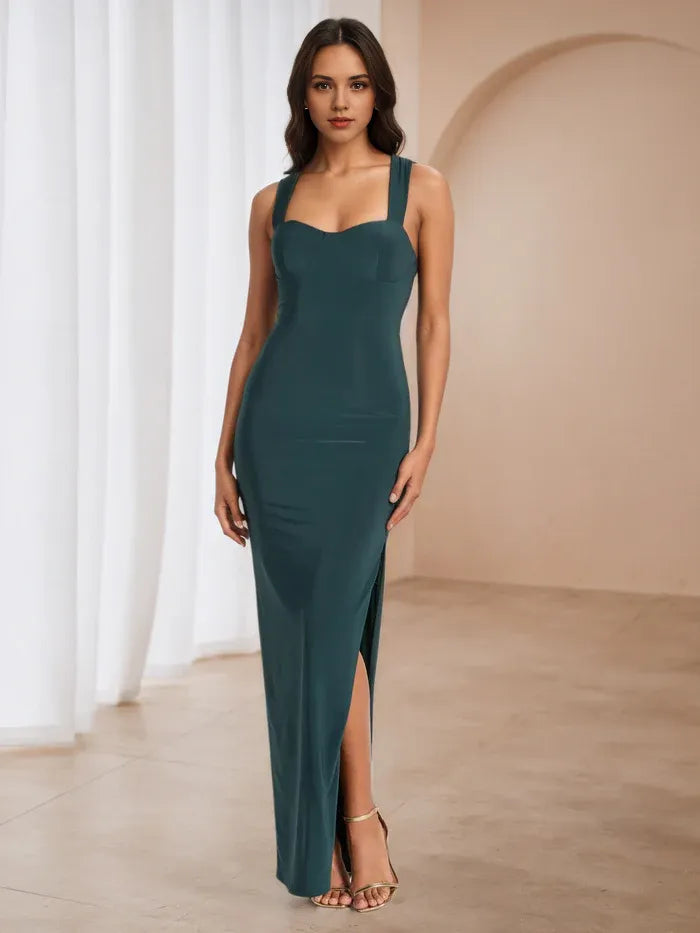 Green Emerald Square - Neck Prom Dress Bodycon Fit Side Slit to Elevate Gala Style