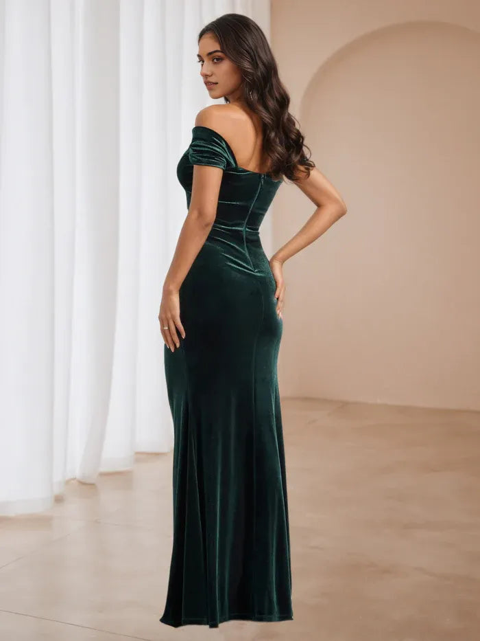 Emerald Off - Shoulder Dress Bow Accented Sleeves High Side Slit for Prom