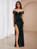 Emerald Off - Shoulder Dress Bow Accented Sleeves High Side Slit for Prom