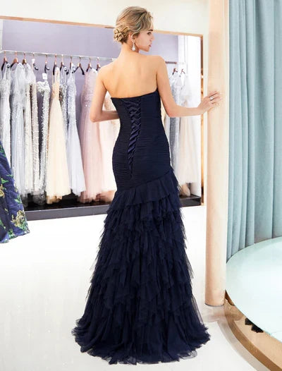 Navy Evening Dresses Luxury Dark Strapless Sweetheart Tiered evening dress