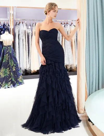 Navy Evening Dresses Luxury Dark Strapless Sweetheart Tiered evening dress