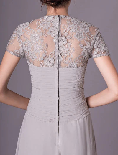 Silver Evening Dresses Short Sleeve Formal Gowns Pleated Floor Length Mother Of Bride Dress