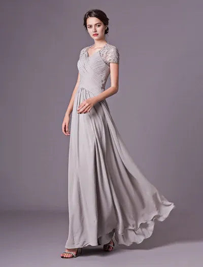 Silver Evening Dresses Short Sleeve Formal Gowns Pleated Floor Length Mother Of Bride Dress