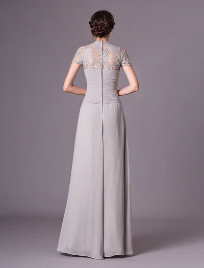 Silver Evening Dresses Short Sleeve Formal Gowns Pleated Floor Length Mother Of Bride Dress