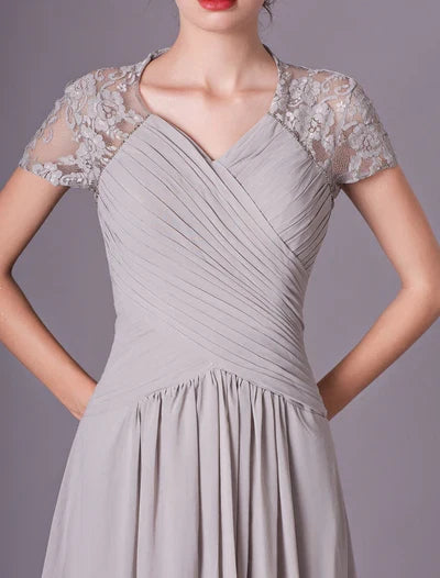 Silver Evening Dresses Short Sleeve Formal Gowns Pleated Floor Length Mother Of Bride Dress