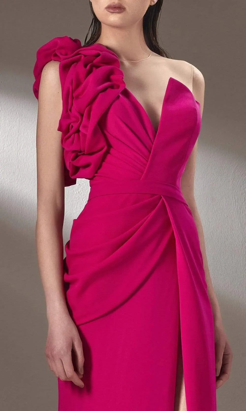 Fuchsia One Shoulder Evening Dress with Ruffled Detail Draped Bodice and High Side Slit