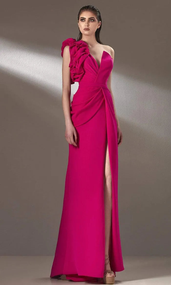 Fuchsia One Shoulder Evening Dress with Ruffled Detail Draped Bodice and High Side Slit