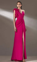 Fuchsia One Shoulder Evening Dress with Ruffled Detail Draped Bodice and High Side Slit