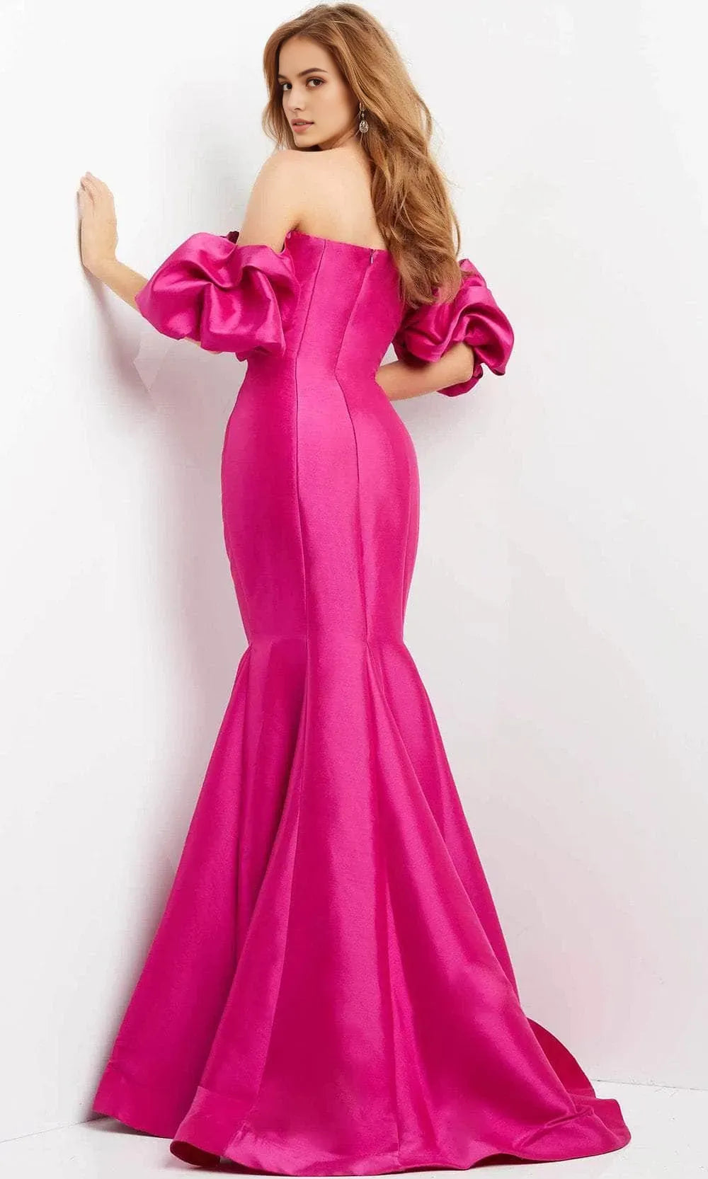 Pink Fuchsia Mermaid Prom Dresses with Off Shoulder Puff Sleeves for Formal Occasions