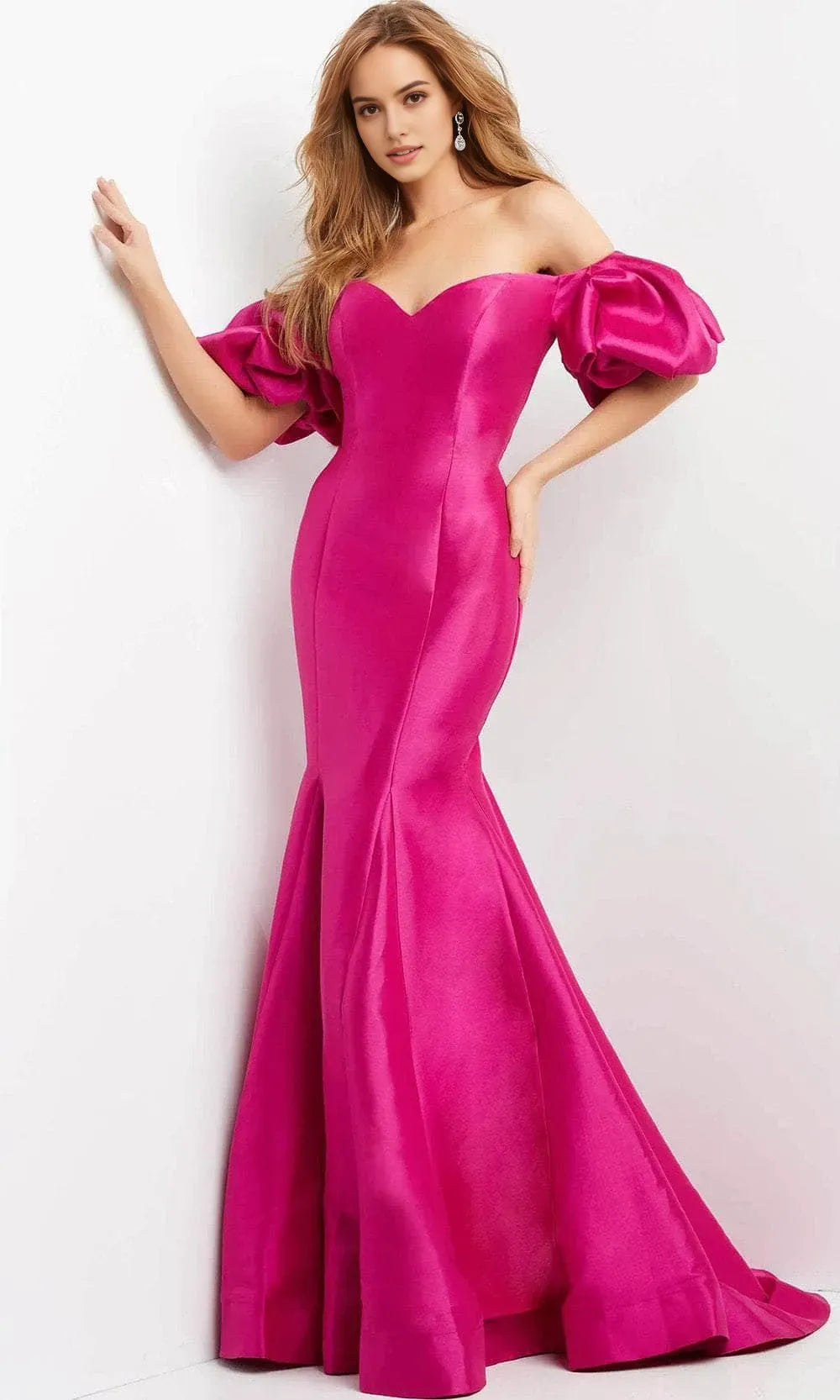 Pink Fuchsia Mermaid Prom Dresses with Off Shoulder Puff Sleeves for Formal Occasions