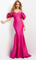 Pink Fuchsia Mermaid Prom Dresses with Off Shoulder Puff Sleeves for Formal Occasions