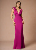 Fuchsia Prom Gown with Plunging V - Neck One - Shoulder Bow Detail and Slim - Fitting Skirt for Memorable Events