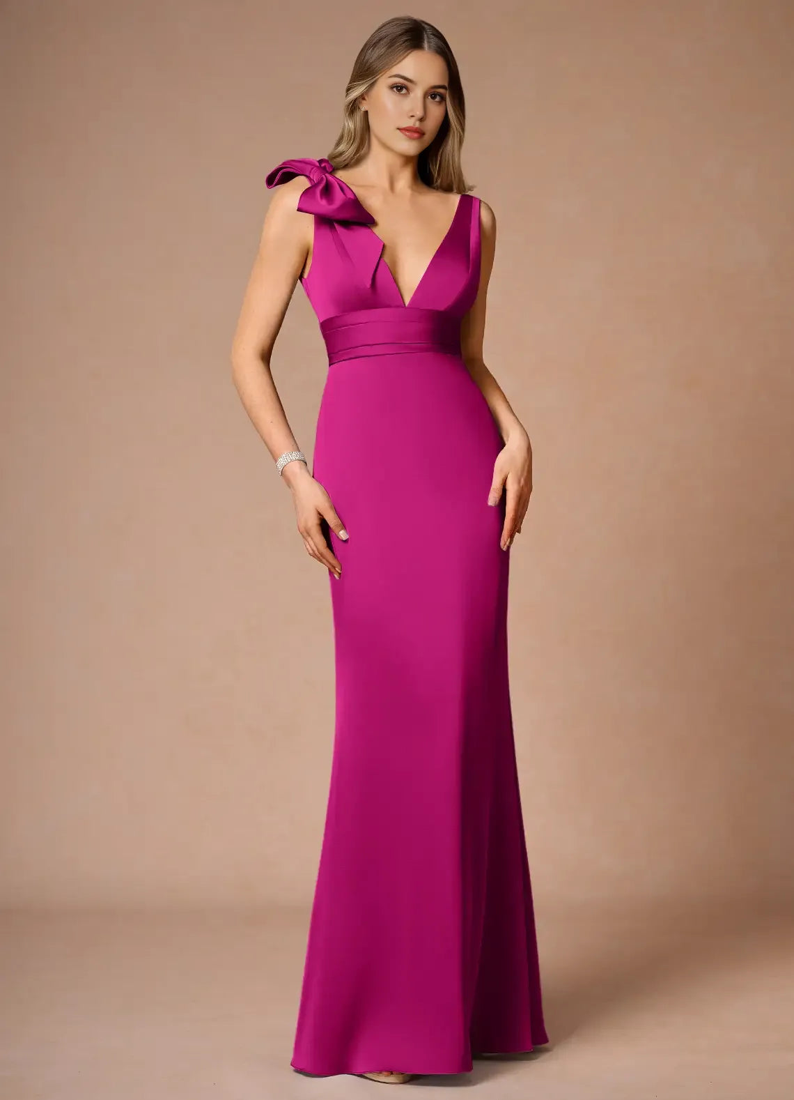 Fuchsia Prom Gown with Plunging V - Neck One - Shoulder Bow Detail and Slim - Fitting Skirt for Memorable Events