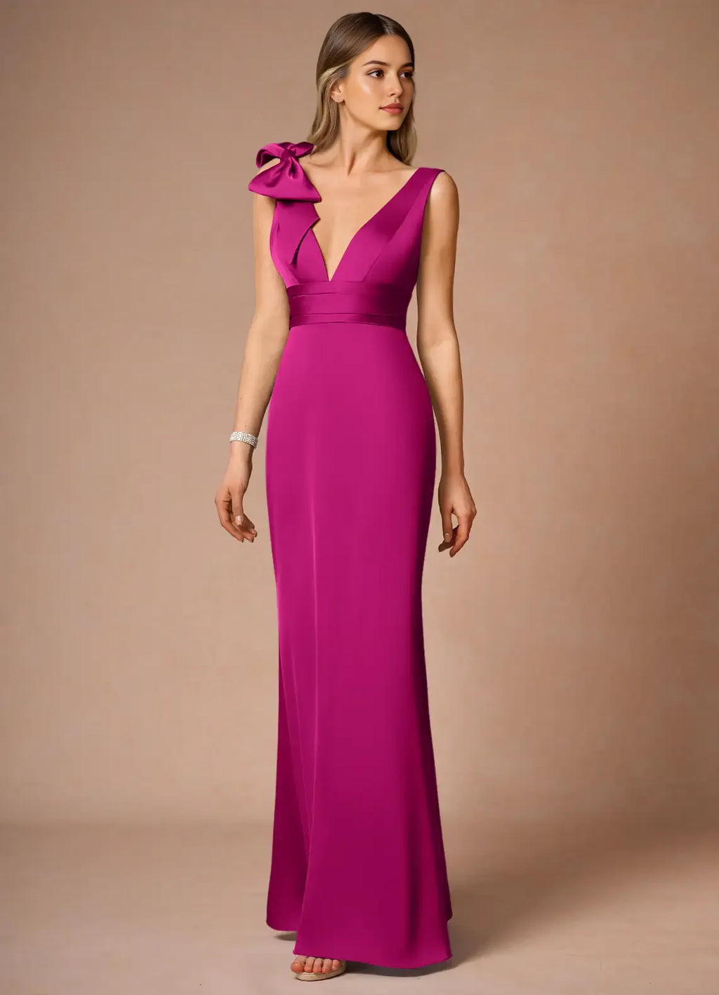 Fuchsia Prom Gown with Plunging V - Neck One - Shoulder Bow Detail and Slim - Fitting Skirt for Memorable Events