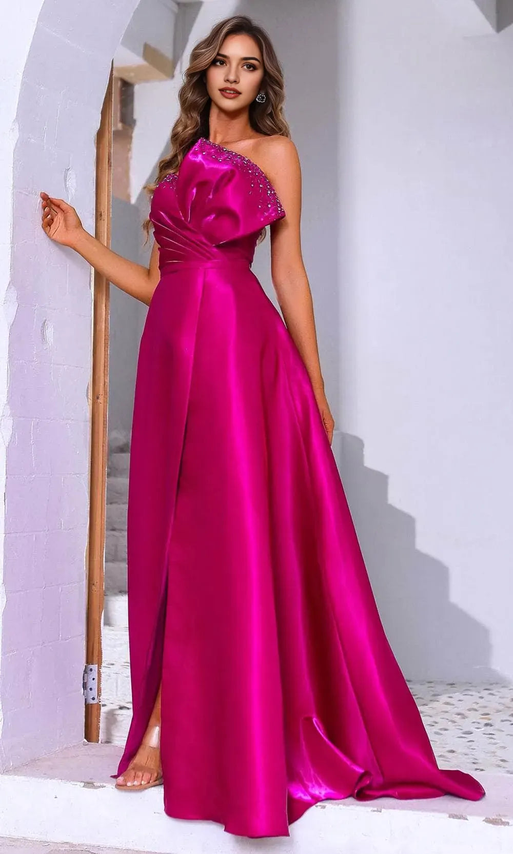 Fuchsia One Shoulder Prom Dress with Bow and High Slit