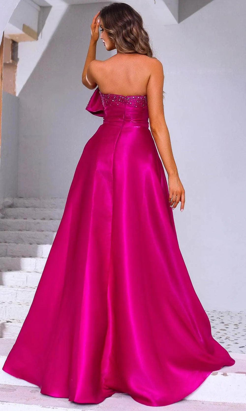 Fuchsia One Shoulder Prom Dress with Bow and High Slit