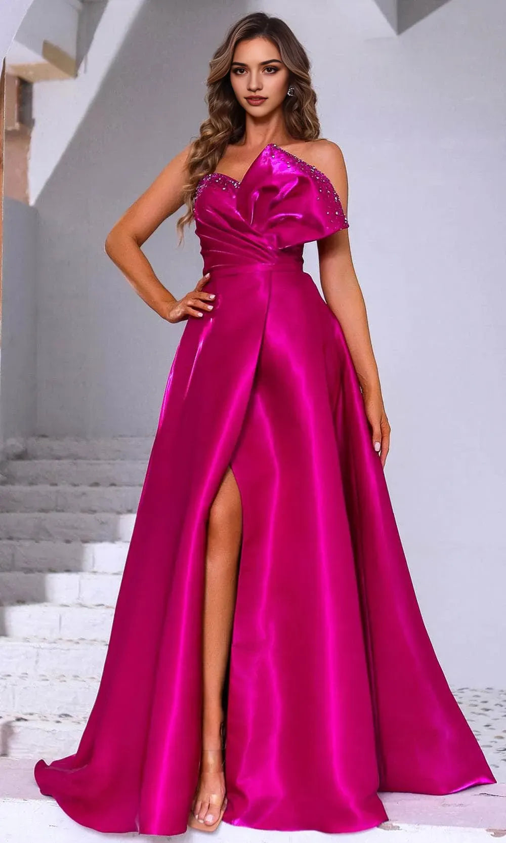 Fuchsia One Shoulder Prom Dress with Bow and High Slit