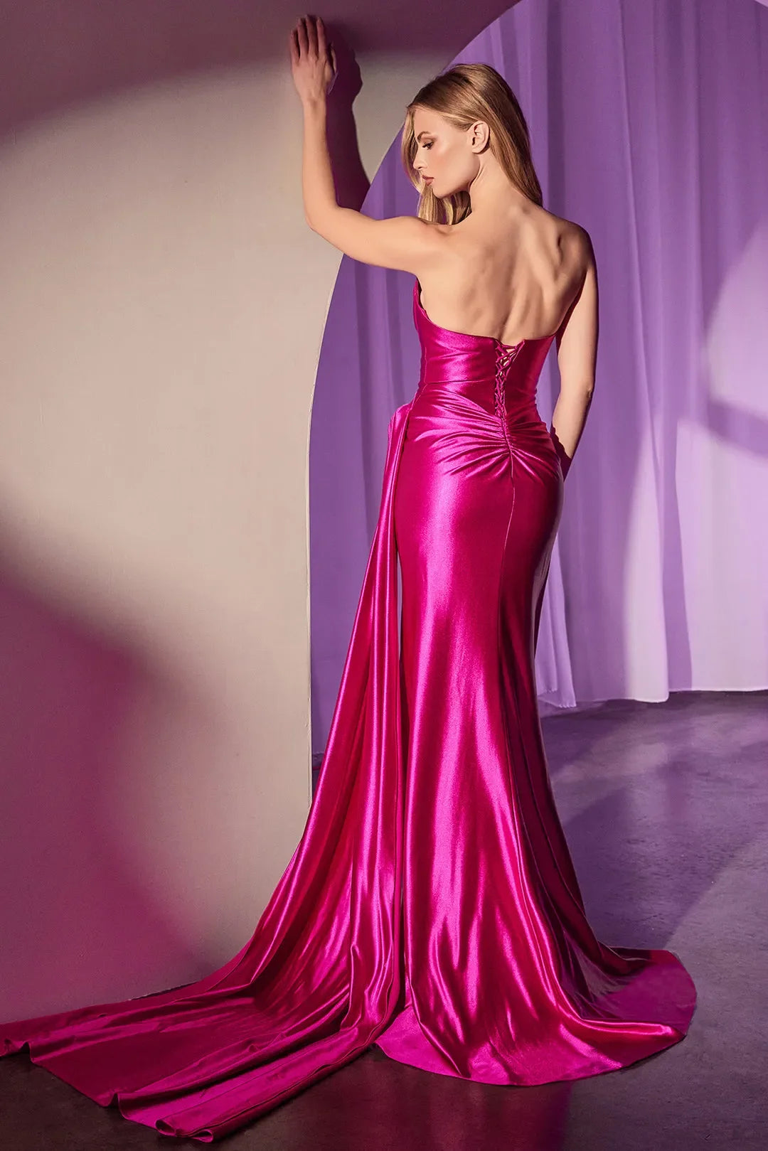 Fuchsia Strapless Prom Dress with Draped Bodice Structured Corset and High Side Slit for Formal Events