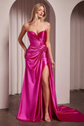 Fuchsia Strapless Prom Dress with Draped Bodice Structured Corset and High Side Slit for Formal Events