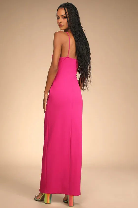 Fuchsia Spaghetti Strap Wrap Front Prom Dresses with Side Slit Perfect for Proms Balls and Formal Occasions