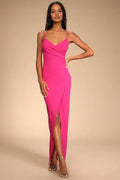 Fuchsia Spaghetti Strap Wrap Front Prom Dresses with Side Slit Perfect for Proms Balls and Formal Occasions